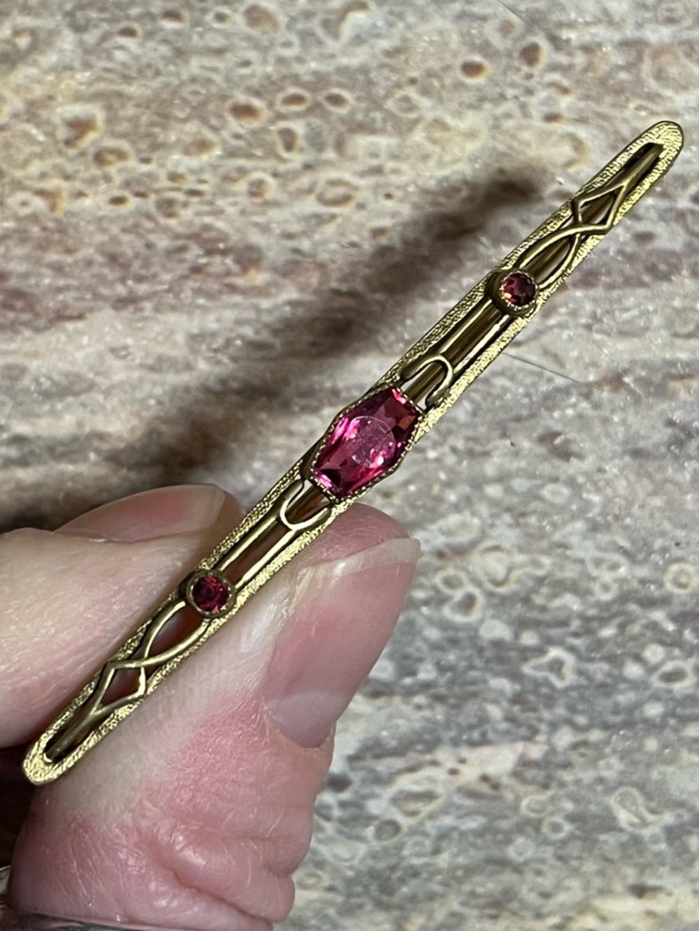 Victorian Long Bar Brooch/Pin With Hot Pink Glass Stones